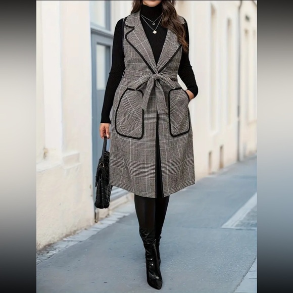 New Plus Plaid Pocket Contrasting Border Long Pants Sleeveless Vest Jacket NWT - Picture 2 of 16